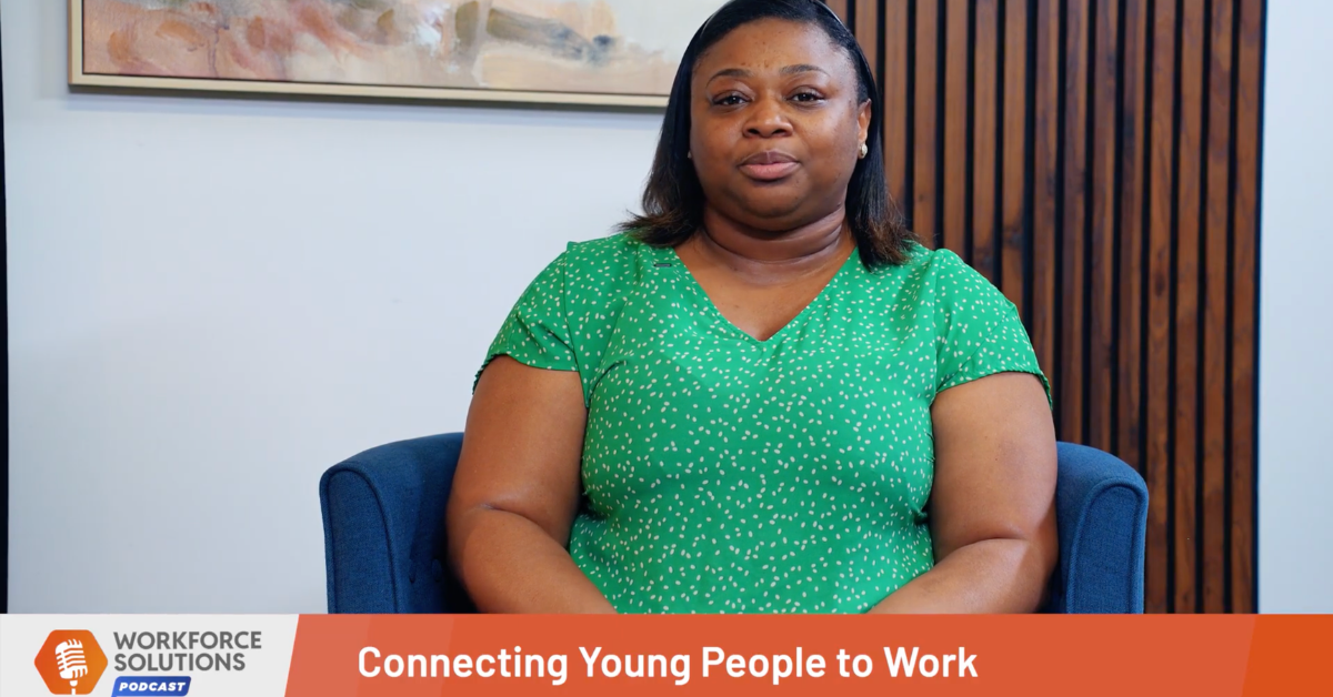 LaToya Casimere, Manager of Youth Services for Workforce Solutions Gulf Coast, sits on a blue chair, smiling calmly. The setting is an office with striped wooden paneling. Text reads "Connecting Young People to Work."
