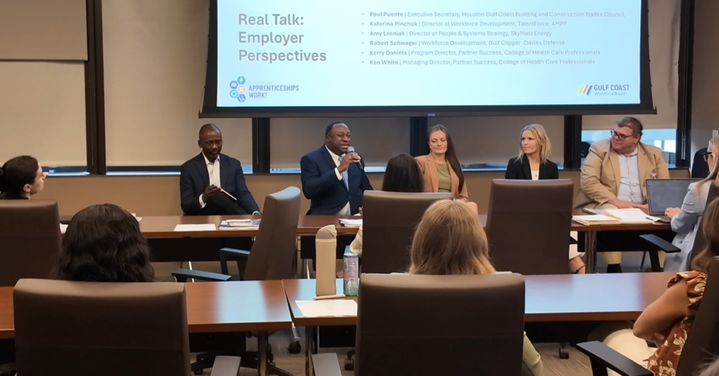 Employer representatives at the Regional Learning Forum participate in a panel discussion about workforce development and apprenticeship opportunities.