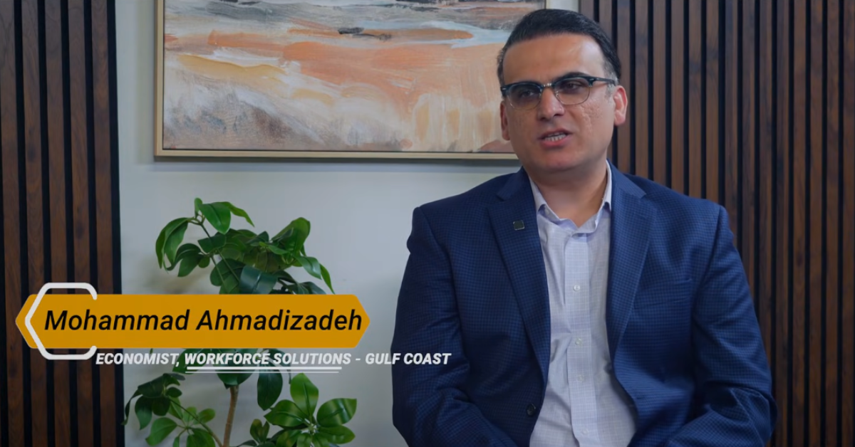 Mohammad Ahmadizadeh Mohammad Ahmadizadeh, economist with Workforce Solutions Gulf Coast, speaks during a recorded interview in an office setting.