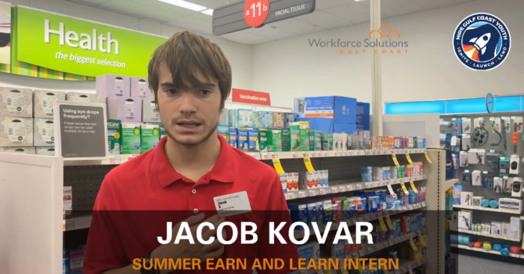 Summer Earn and Learn intern Jacob Kovar stands in a retail health aisle during his workplace experience with Workforce Solutions Gulf Coast.