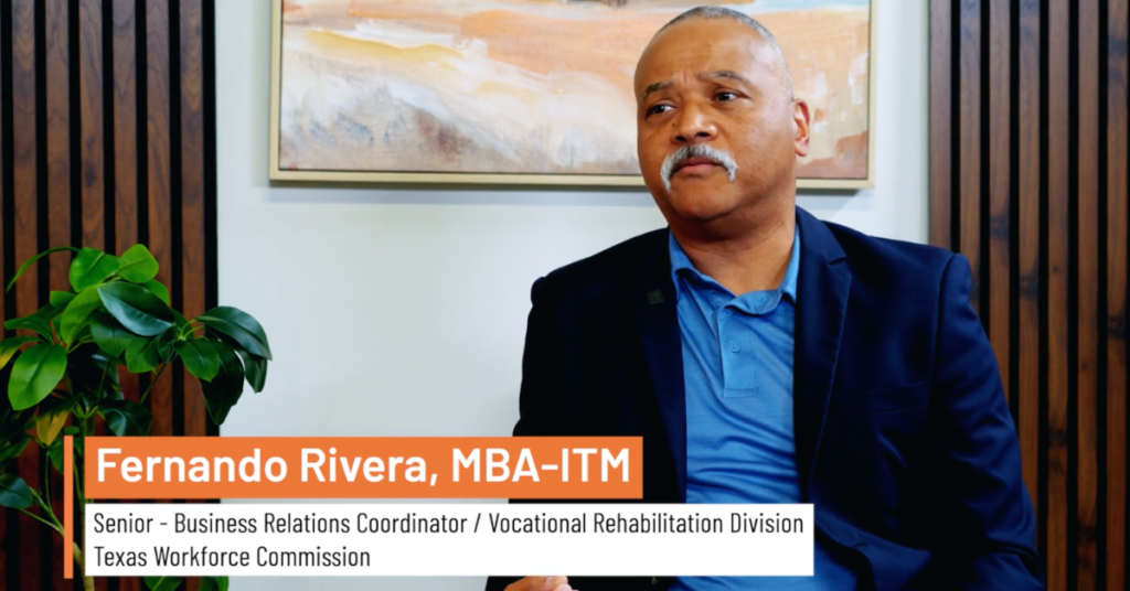 Fernando Rivera of the Texas Workforce Commission discussing business relations and vocational rehabilitation services.
