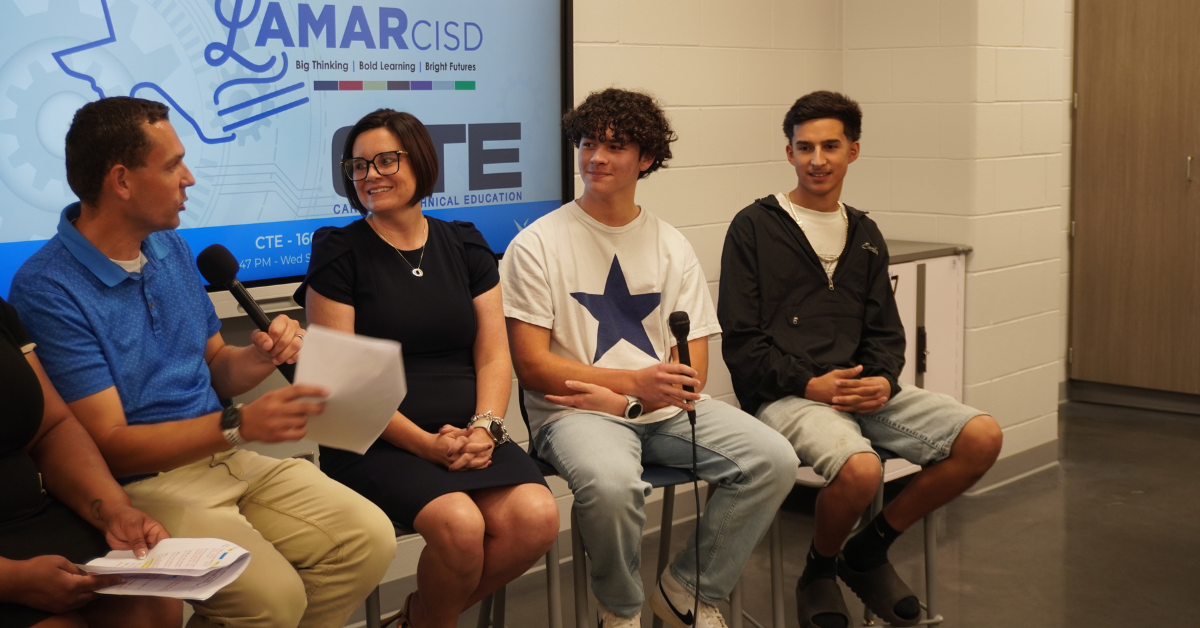 Panel discussion at Lamar CISD featuring students and educators discussing Career and Technical Education opportunities.