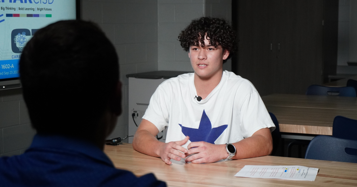 Lamar CISD student discusses his experience in a career and technical education program during an interview.