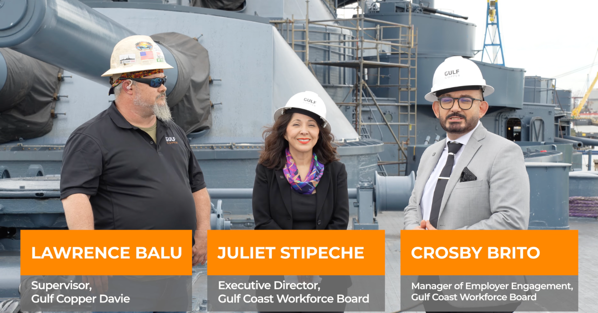 Lawrence Balu, supervisor at Gulf Copper Davie; Juliet Stipeche, executive director of the Gulf Coast Workforce Board; and Crosby Brito, manager of employer engagement, stand together wearing hard hats at a Gulf Copper industrial facility, with large equipment and scaffolding in the background.
