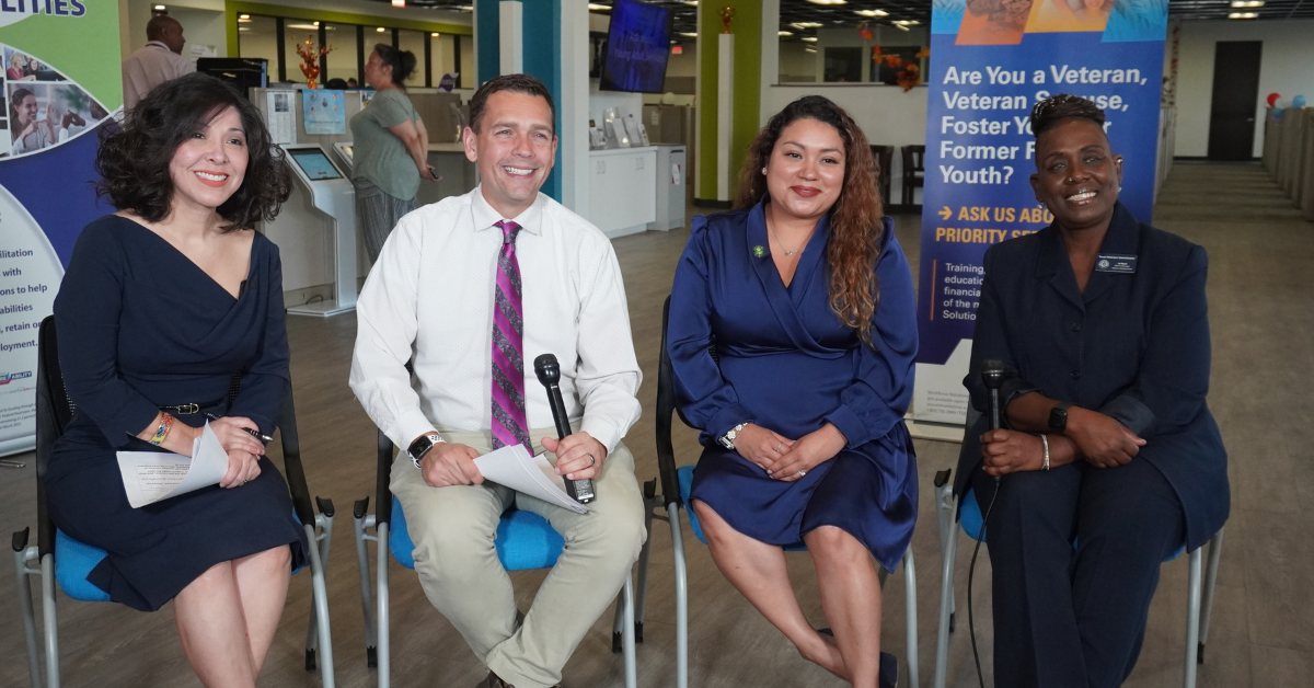 Four panelists, including Gulf Coast Workforce Board Executive Director Juliet Stipeche, participate in a discussion at the Workforce Solutions Northline office in Houston about vocational rehabilitation, disability employment resources, and career support for veterans and people with disabilities.