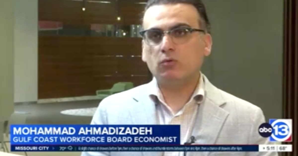 Gulf Coast Workforce Board Economist Mohammad Ahmadizadeh Featured on ABC13 Mohammad Ahmadizadeh, economist for the Gulf Coast Workforce Board, speaks during an ABC13 news interview. He is wearing glasses and a light gray blazer, with his name and title displayed on screen.